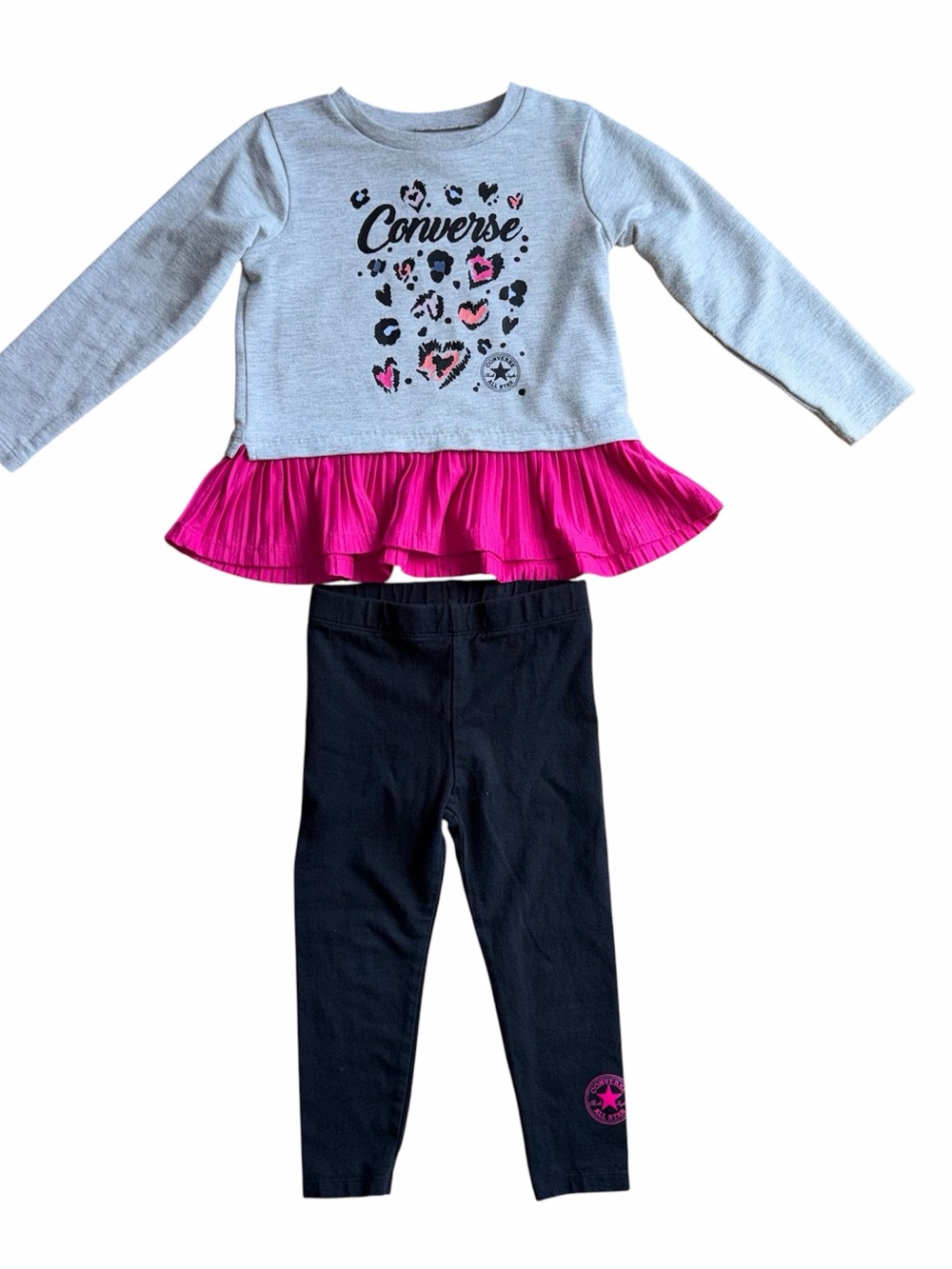 Converse Little Girls Gray Top with Hot Pink Ruffle & Black Leggings Set Size 3T